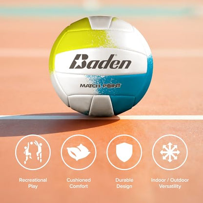 Baden | Match Point | Cushioned Synthetic Leather | Outdoor Recreation Backyard Volleyball + College Camp Ball | Official Size 5 - color: Neon Yellow/Blue/White