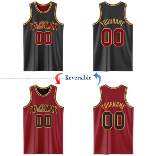 Custom Reversible Basketball Jerseys Men Youth, Personalized Sports Shirts Team Uniforms Printed Name Logo Number - color: Black and Red - Gold