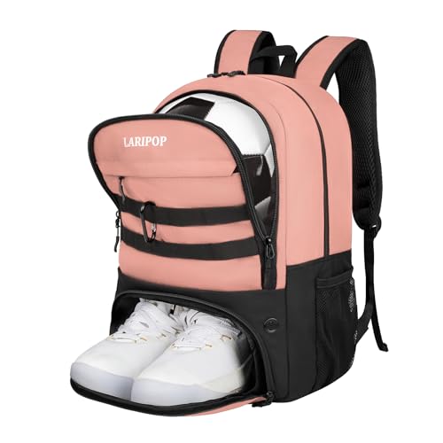 LARIPOP Soccer Backpack with Ball Holder & Shoe Compartment Large Capacity Youth Sports Bag for Training - color: Flesh Pink