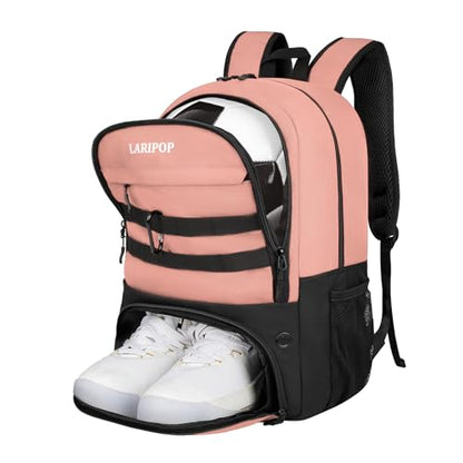 LARIPOP Soccer Backpack with Ball Holder & Shoe Compartment Large Capacity Youth Sports Bag for Training - color: Flesh Pink