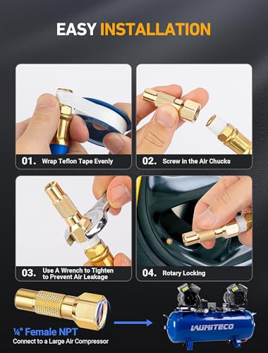LUMITECO 2-Pack Heavy Duty Air Chuck Set,Screw On Tire Inflator Nozzle & Closed Ball Tire Chuck with 1/4" NPT Standard Quick Plug, Tire Air Chuck w/Presta Valve & Air Pump Ball Needle Set