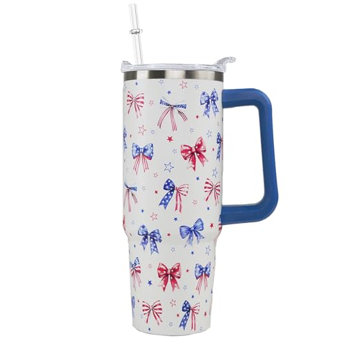Ceovfoi 40 oz 4th of July Bow Tumbler with Handle Lid and Straw, Stainless Steel Insulated Coffee Mug Cup, Patriotic Bow 4th of July Gifts for Women Men, 4th of July Decor Accessories - color: 4th of July3