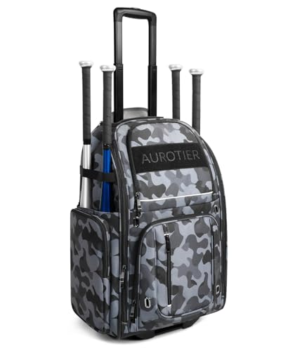 AUROTIER Rolling Baseball Bag with Wheels, Large All-Terrain Wheeled Softball Bag Holds 4 Bats, Water-Resistant Baseball Roller Backpack with Shoe Compartment and Fence Hooks for Players and Coaches - color: Black Camo
