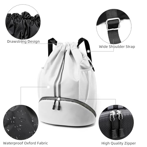 Valleycomfy Sports Drawstring Backpack - Water Resistant String Bag with Shoe Compartment Gym Backpack for Women & Men White - color: A-white