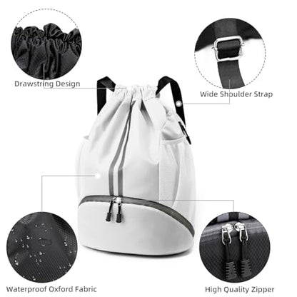 Valleycomfy Sports Drawstring Backpack - Water Resistant String Bag with Shoe Compartment Gym Backpack for Women & Men White - color: A-white