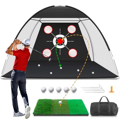 Golf Net with Practice Mat,Golf Hitting Aid Nets 10x7FT for Backyard Driving Chipping Training Swing,Gifts for Men Dad Him and Golfer