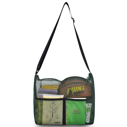 Gym Tote Bag, Mesh Bag Crossbody Satchel 12x6x12 for Gym Beach Ball Games Training Camping Hiking Clothes Storage - color: Forest Green, size: Medium