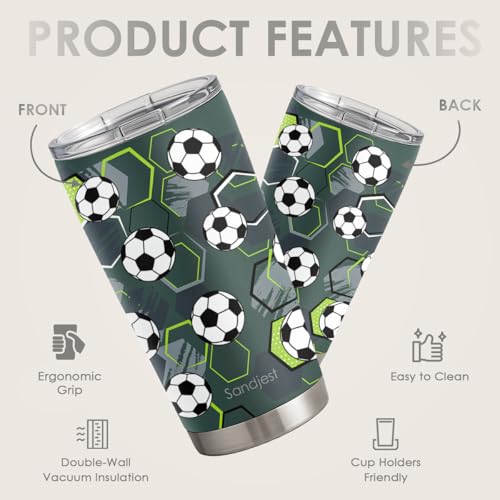 SANDJEST Soccer Tumbler Stainless Steel 20oz, Insulated Travel Coffee Cup, Sport Tumblers Gifts for Soccer Lovers, Men, Coach, Birthday, Christmas - color: Soccer 2