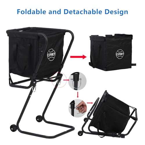 Portable Tennis Ball Hopper with Wheels, Foldable Ball Caddy Holder for Baseball, Pickleball, Softball and Tennis Balls, Large Capacity Basket for Easy Storage & Transport, Holds 100-150 Balls