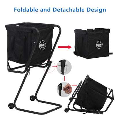 Portable Tennis Ball Hopper with Wheels, Foldable Ball Caddy Holder for Baseball, Pickleball, Softball and Tennis Balls, Large Capacity Basket for Easy Storage & Transport, Holds 100-150 Balls