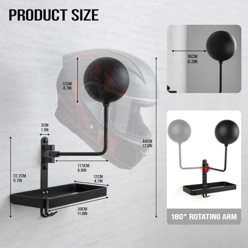 PUERSI Helmet Holder Wall Mount with Shlef, 180° Rotation Helmet Storage Rack for Motorcycle Bike Racing Outerwear Sports Gear Display Motorcycle Accessories - 1 Pack - style: 1 Pack with Shelf