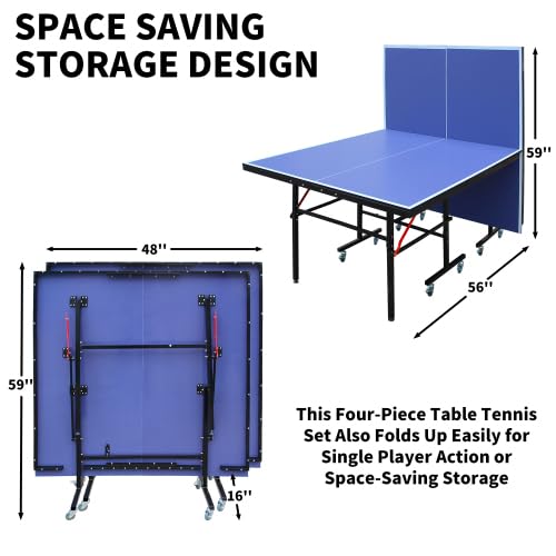 8ft Mid-Size Table Tennis Table Foldable & Portable Ping Pong Table Set for Indoor Games with Net, 2 Table Tennis Paddles and 3 Balls - style: Basic