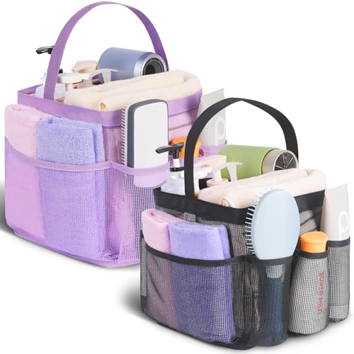 EUDELE 2 Pack Mesh Shower Caddy Portable for College Dorm Room Essentials, Shower Caddy Dorm with 8-Pocket Large Capacity,Shower Bag for Beach,Swimming,Gym All Black+All Purple - color: All Black+All Purple