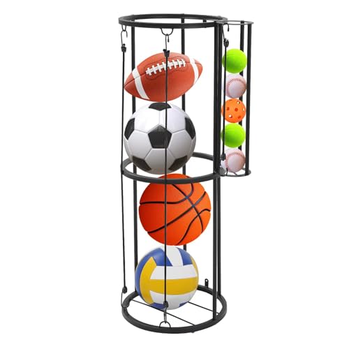 Ball Storage Rack for Garage, Garage Ball Storage Organizer, Wall Mount Basketball Holder for Soccer Volleyball Football Vertical Space Saving Sports Equipment Storage (black, Large size)