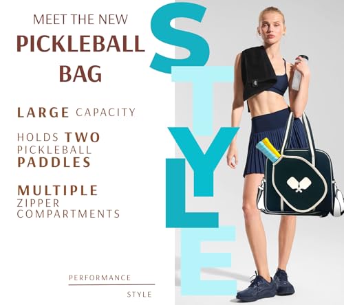 Pickleball Sports Tote Bag with Racket Holder, Neoprene, Adjustable Shoulder Strap - color: Black/White