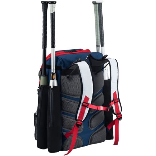 Tournament Backpack Baseball Bag, Large Capacity Bat Holder, Softball Bag with Shoe Compartment and Fence Hook, Red/White/Blue