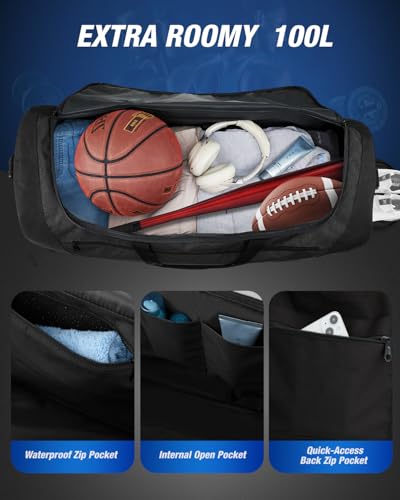 Gonex Gym Duffel Bag 31 inch with Shoe Compartment Wet Pocket, Large Capacity Sports Duffle Bag for Men Women, Workout & Travel Bag with Multiple Pockets, Black, Large (100L)