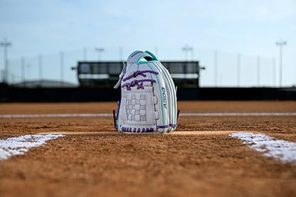 Wilson 2026 A500 Siren Fastpitch Softball Gloves - color: White/Seafoam/Purple, size: Infield/Pitcher: 12"