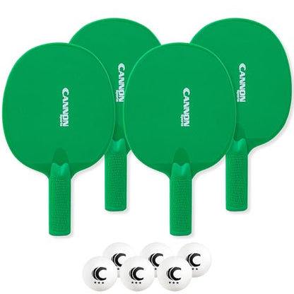Cannon Sports Unbreakable Table Tennis Paddle Set - 4 Rackets with 6 Pack of 3-Star Table Tennis Balls – Portable Set for 4 Players - color: 4 Green Paddles + 6 White Balls