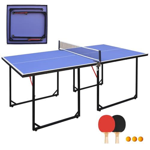6ft Mid-Size Foldable Ping Pong Table Set, Portable Table Tennis with Net, 2 Paddles, 3 Balls, 12MM MDF for Indoor Outdoor Home Office Apartment - color: Blue Tabletop + Black Legs