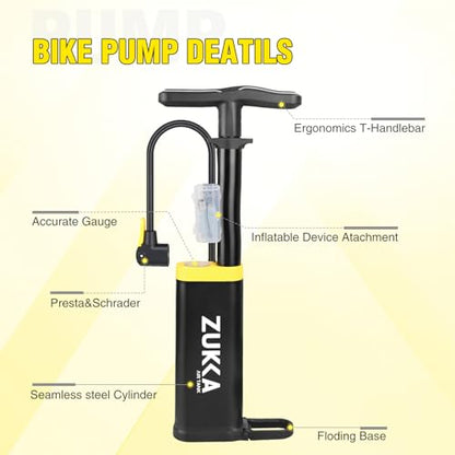 ZUKKA Bike Floor Pump with Gauge 160 PSI High Pressure Bicycle Air Pump Fits Presta and Schrader Valve Bike Tire Pump for MTB Road Bike,Soccer Basketball, Ball