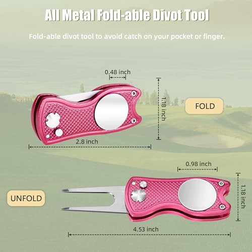 Mile High Life Golf Divot Repair Tool, All Metal Foldable Divot Tool with Pop-up Button & Magnetic Ball Marker, 2-6 Pack - color: Pink Fish