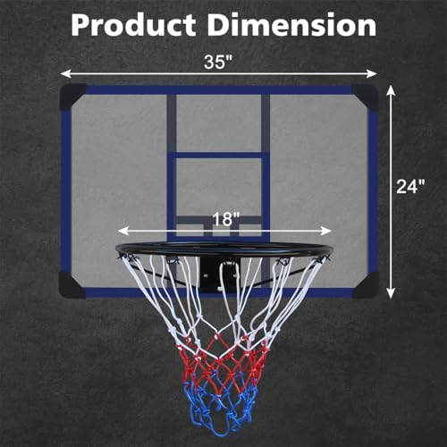 Wall-Mounted Basketball Hoop, 35 X 24 Inches Shatterproof Back, Folding Hoop, Durable and All-Weather Mesh for Indoor and Outdoor Use