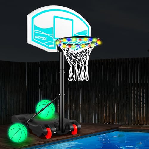 SPOYNAL Pool Basketball Hoop 7-Height Adjustable Swimming Pool Basketball with LED Light, 2 Balls & Pump, Portable Water Basketball Goals System