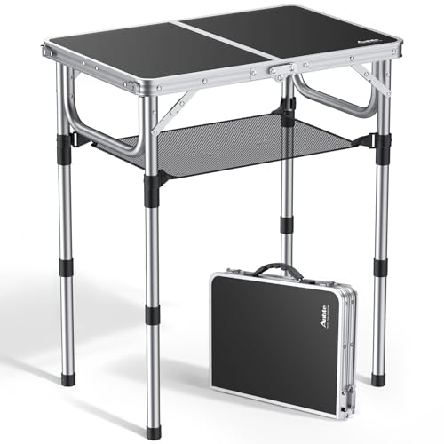Folding Camping Table, Aluminum 24" x 16" Adjustable Height Small Folding Table with Carrying Handle, Lightweight, Portable Camping Table Waterproof for Outdoor Indoor Picnic Beach BBQ (Black)