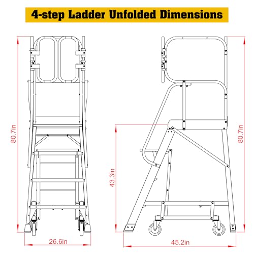 4 Step Ladder Aluminum Rolling Platform Ladders with 360° Guardrail System, Industrial Safety Non-Slip Rolling Ladder with Wheels for Warehouse, Garage, 375 lbs Capacity - size: 4 Step