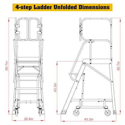 4 Step Ladder Aluminum Rolling Platform Ladders with 360° Guardrail System, Industrial Safety Non-Slip Rolling Ladder with Wheels for Warehouse, Garage, 375 lbs Capacity - size: 4 Step