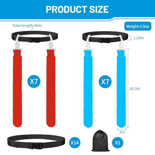 Flag Football Belts, 14 Player Adjustable Flag Football Set with 28 Flags for Youths Adults - Fits Up to 22-46" Waist - color: Red, Blue