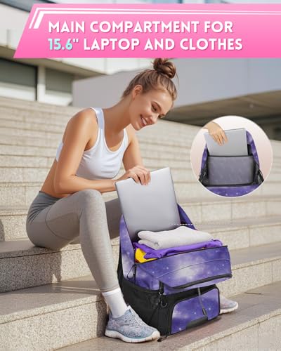 MATEIN Girls Soccer Backpack, Large Basketball Bag with Ball Holder & Shoe Compartment for Tournament & Game Day, Lightweight Youth Sports Bag with Fence Hook Fits 15.6 Inch Laptop, Soccer Team Gifts - color: Galaxy Purple