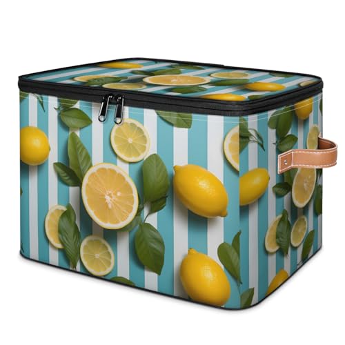 Yellow Lemons Storage Bins Storage Basket with Zipper Lid & Leather Handle Foldable Storage Box Storage Cube Bin Clothes Organizer for Clothes Books Storage Bins Decorative 10.4x14 In - color: Yellow Lemons