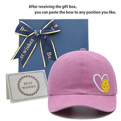 Pickleball Hat with Gift Box, Pickleball Gifts for Women Men, Adjustable Embroidered Heart Baseball Cap - color: Pink