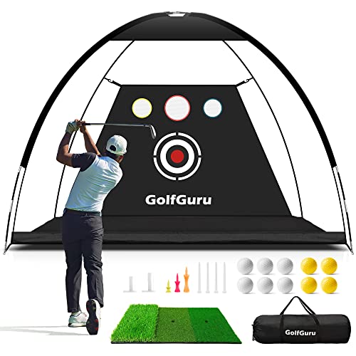 Golfguru All in 1 Golf Practice Net - 10x7ft Tri-Turf Mat, Impact Target, 10 Balls, 7 Tees, Carry Bag for Backyard Driving Chipping Indoor