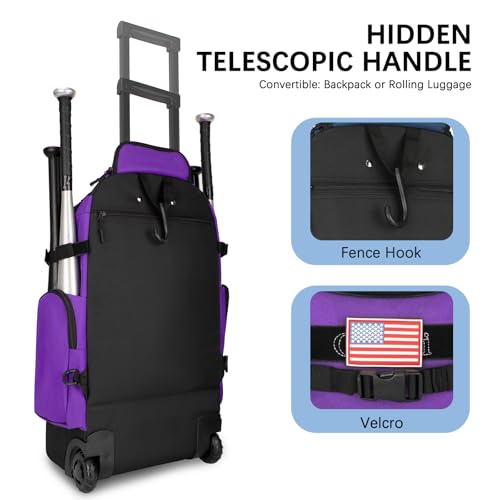 Rolling Baseball Bag with Wheels, 60L Capacity Wheeled Softball bag with Shoe Compartment for Youth & Adult, Bat bag with Hidden Straps,Fence Hook,Holds 4 Bat, Helmet, Glove - color: Purple