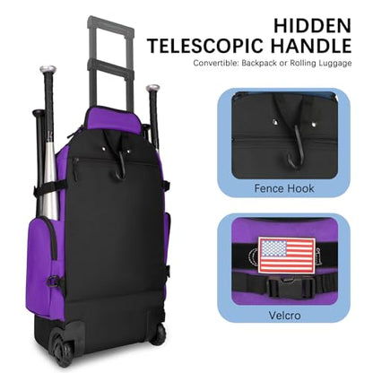 Rolling Baseball Bag with Wheels, 60L Capacity Wheeled Softball bag with Shoe Compartment for Youth & Adult, Bat bag with Hidden Straps,Fence Hook,Holds 4 Bat, Helmet, Glove - color: Purple