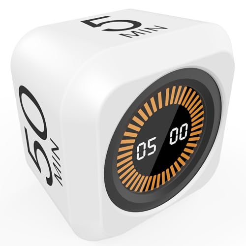 Rotating Cube Visual Pomodoro Timer 5, 25, 10 50 Minutes Preset + Custom Countdown, Rechargeable Desk Productivity Flip Timer with Detachable Silicone Cover for ADHD Study Work Kitchen School (White) - color: White
