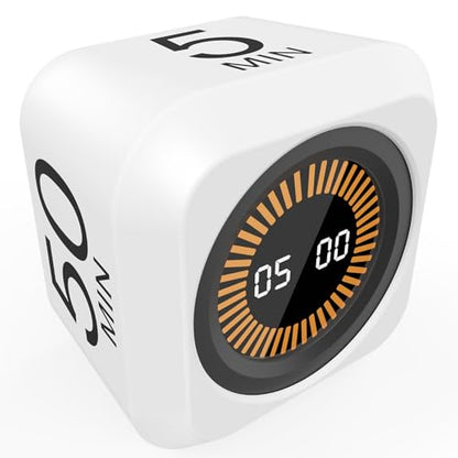 Rotating Cube Visual Pomodoro Timer 5, 25, 10 50 Minutes Preset + Custom Countdown, Rechargeable Desk Productivity Flip Timer with Detachable Silicone Cover for ADHD Study Work Kitchen School (White) - color: White