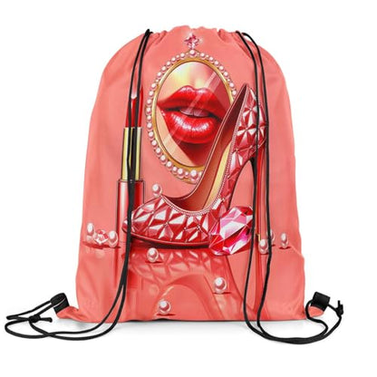 Castle Fairy Makeup Lipstick Print Drawstring Backpack Gym Bag,Crystal Shoes Cinch Bag,Glitter Diamond Pearl Foldable Draw String Back Bags Sports Bags,Pink Gold - color: Pink Gold