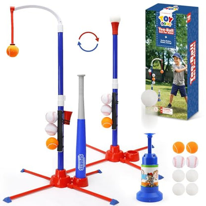 TOY Life 3-in-1 tBall Set for Kids 3-5, Adjustable Toddler T Ball Training Set with Bat, Toddler Baseball Set Semi-Automatic Launcher, Hanging Tee, Soft & Dog Play Balls, Fun Sports Set for Ages 3+
