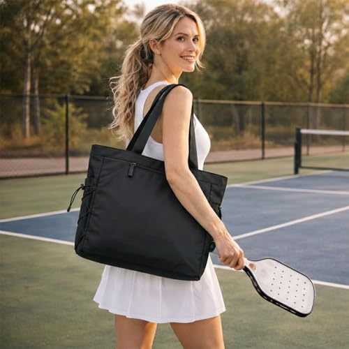 Pickleball Bag for Women Men, Large Pickleball Tote Holds 2-4 Rackets, Pickleball Bags with Shoe Compartment & Water Bottle Pocket, Pickleball Gifts, Water-Resistant & Lightweight - color: Black