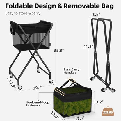 STORAGE MANIAC Foldable Tennis Ball Hopper Pickleball Bag Holds 150 Pickleballs or 180 Tennis Balls Collector Pickleball Retriever Pick Up Ball Basket Ball Caddy with Wheels Portable Training Cart