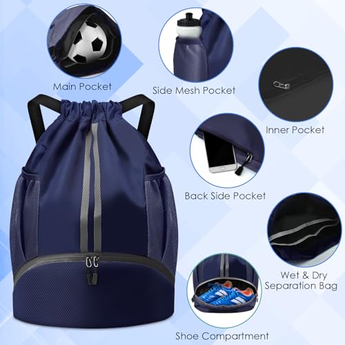 BROTOU Soccer Bags, Football Backpack, Volleyball Bag, Drawstring Backpack with Ball and Shoe Compartment, Football bags for Equipment Swim Gym Bag - color: Dark Blue