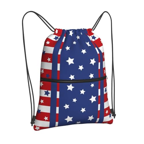 Patriotic Stars Stripes 4th of July Drawstring Bag, Memorial Day Independence Day Red Blue Waterproof Drawstring Bckpack for Gym Sports, Sackpack Bag with Front Zipper Pocket and Inside Zipper Pocket - color: Stars Stripes