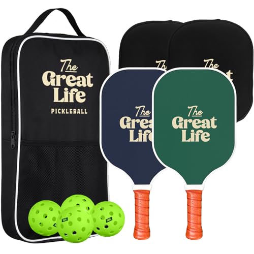 Pickleball Paddle Premium Set | 2 Carbon Fiber Paddles & 4 Balls | Sport Bag & Paddle Cover Included | Beginner Friendly | 6in. Handle | Honeycomb Core | Lightweight | Retro & Stylish