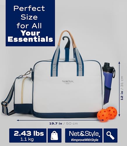 Net & Style Pickleball Bag Women Stylish Tote Large Capacity Paddle Holder Shoe Compartment Elegant Lightweight Design Durable Zipper Pockets Fence Hook White Navy Court Gym Travel Organizer