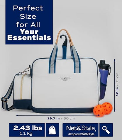 Net & Style Pickleball Bag Women Stylish Tote Large Capacity Paddle Holder Shoe Compartment Elegant Lightweight Design Durable Zipper Pockets Fence Hook White Navy Court Gym Travel Organizer