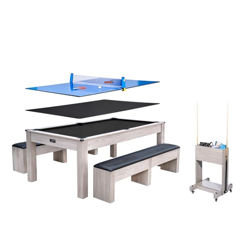 7FT 3-in-1 Pool Table with Dining Top & Table Tennis | Convertible Billiard Table for Home Game Room | Complete Set with Cues, Balls, Ping Pong Paddles, Net & Rolling Storage Caddy | Wood Grain Finish - color: Black 3 in 1